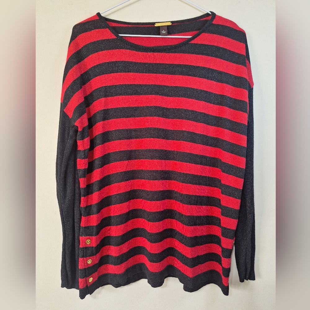 Dana Buchman L Red Black Metallic Stripe Longsleeve Knit Oversized Gold Buttons